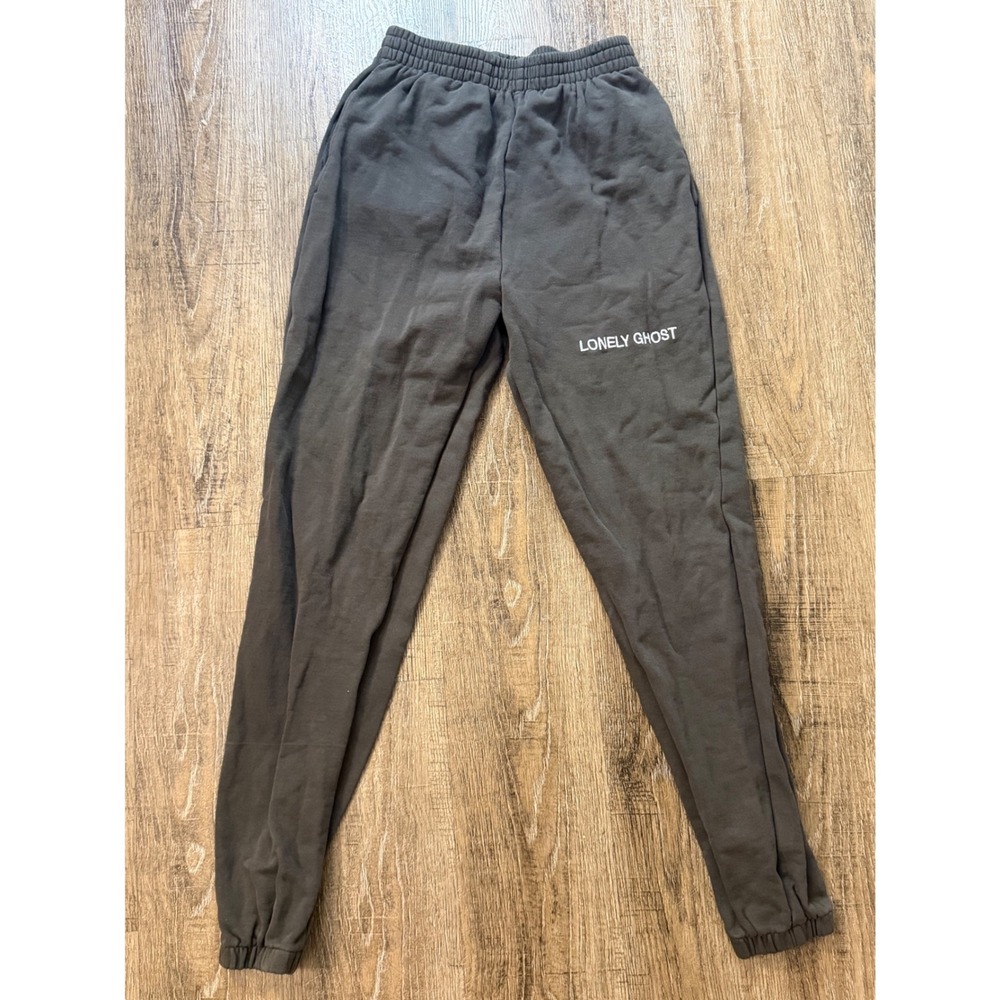 Lonely Ghost Text Logo Sweatpants Charcoal Grey Cotton Joggers Mens Small